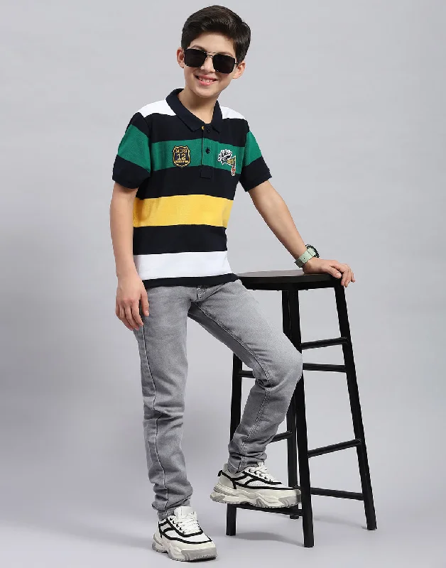 Boys Navy Blue & Green Printed Collar Half Sleeve T-Shirt