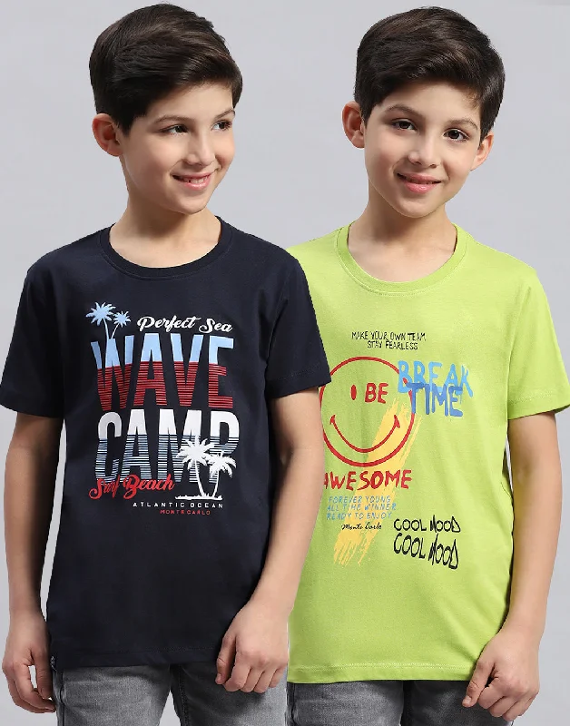 Boys Navy Blue & Green Printed Round Neck Half Sleeve T-Shirt