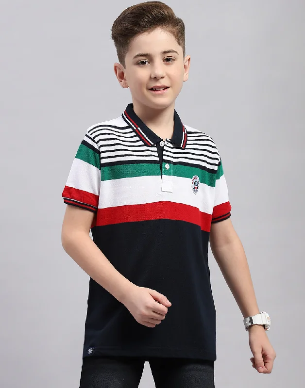 Boys Navy Blue Stripe Polo Collar Half Sleeve T-Shirt