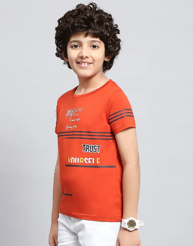 Boys Orange Printed Round Neck Half Sleeve T-Shirt