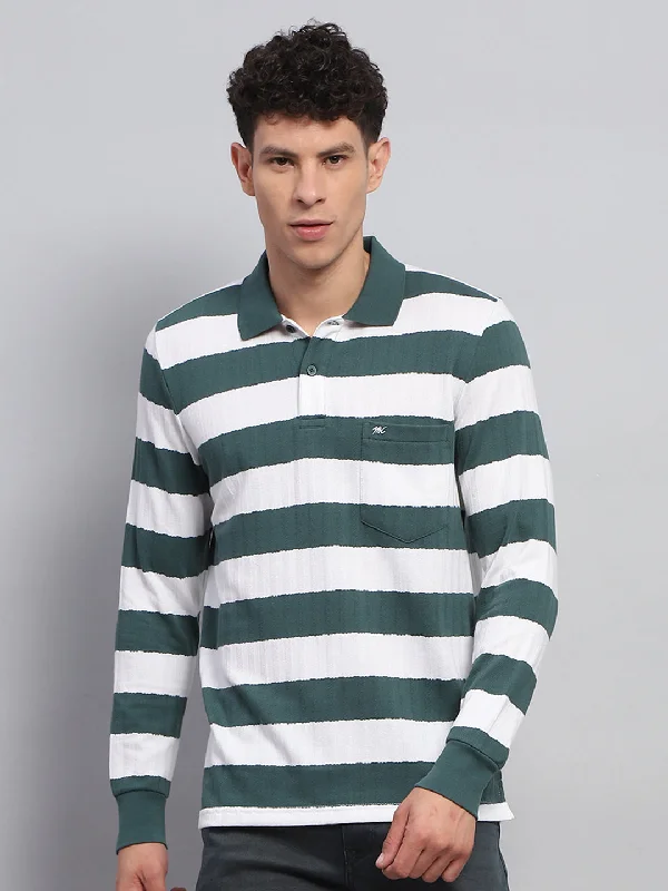 Men Green & White Stripe Collar Full Sleeve Winter T-Shirt