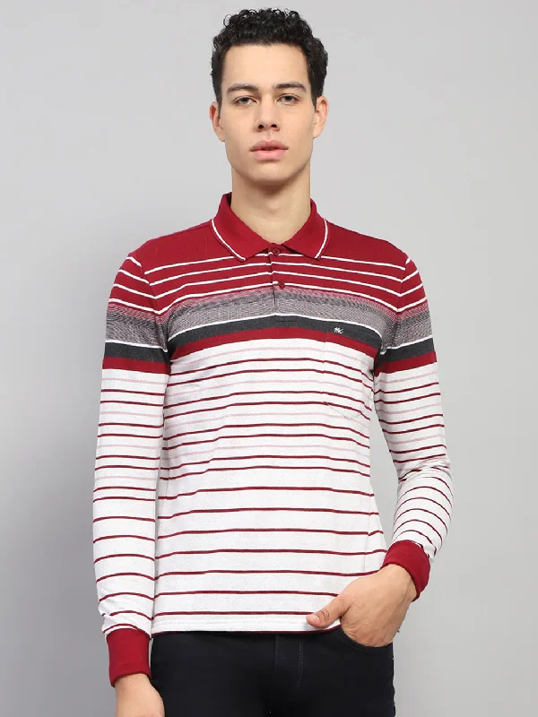 Men Maroo & White Stripe Collar Full Sleeve Winter T-Shirt