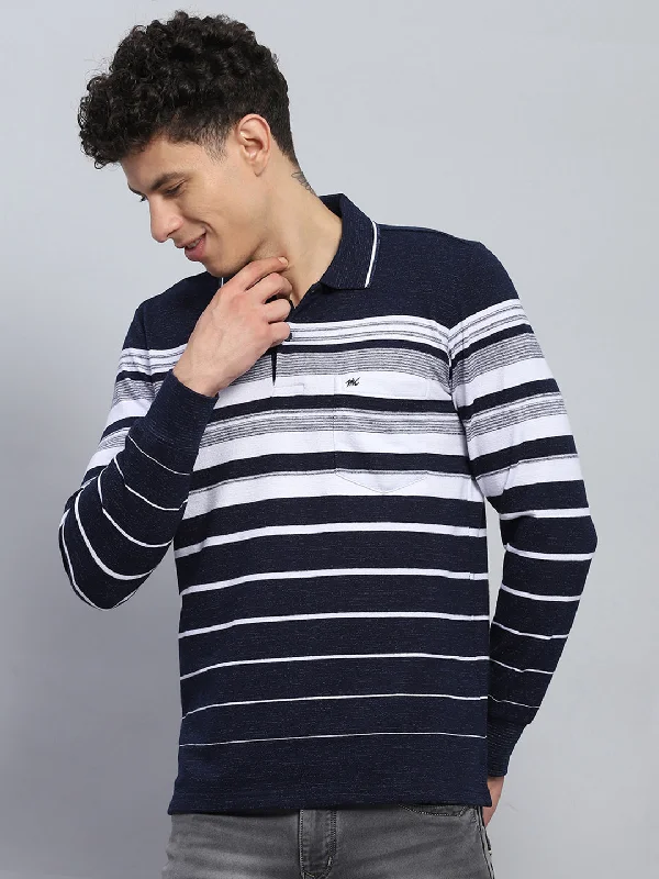 Men Navy Blue Stripe Collar Full Sleeve Winter T-Shirt