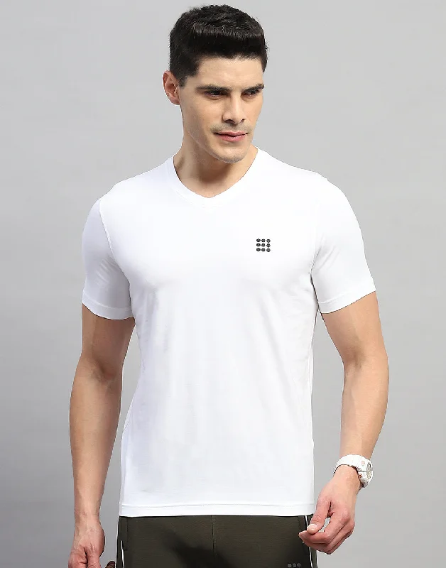 Men White Solid V Neck Half Sleeve T-Shirt