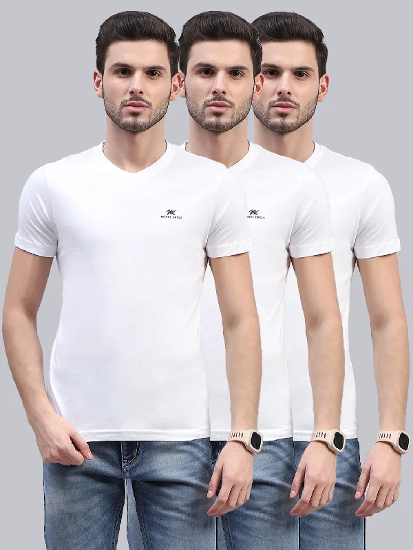 Men White Solid V Neck Half Sleeve T-Shirt (Pack of 3)