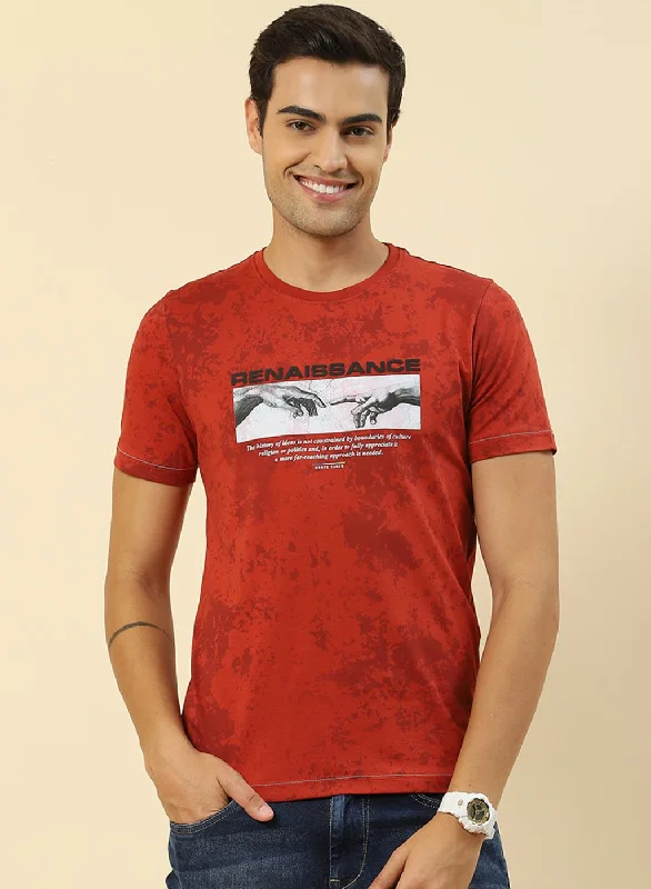 Men Rust Orange Printed T-Shirt