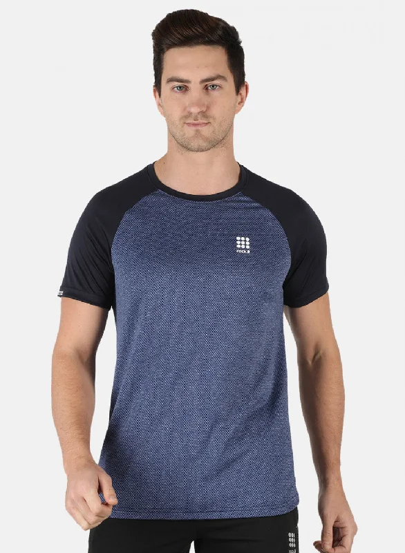 Men Blue Self Design Round Neck T-Shirt