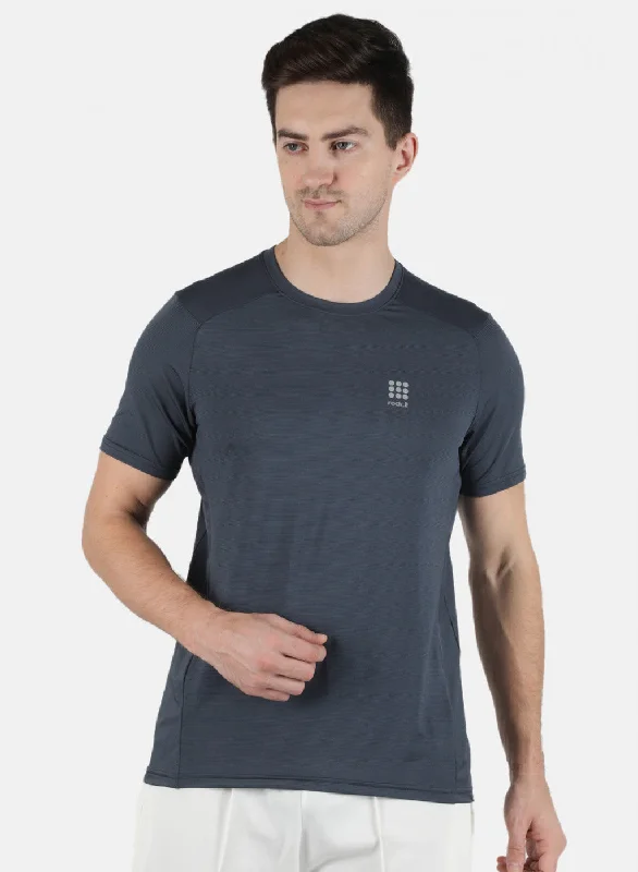 Men Grey Self Design Round Neck T-Shirt