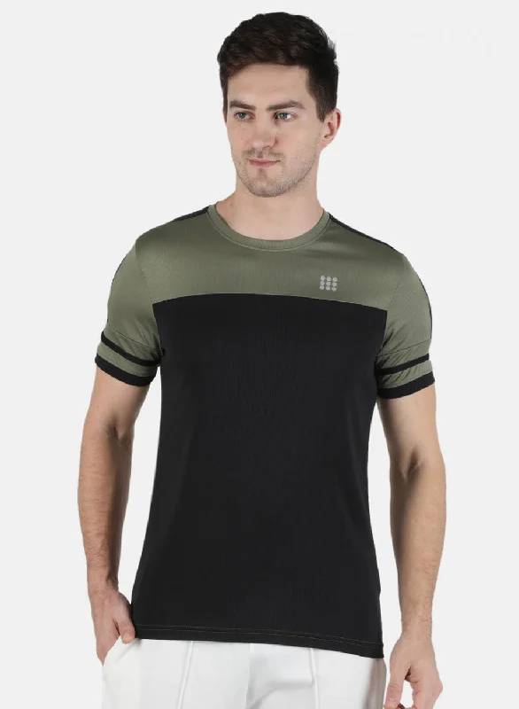 Men Olive Self Design Round Neck T-Shirt