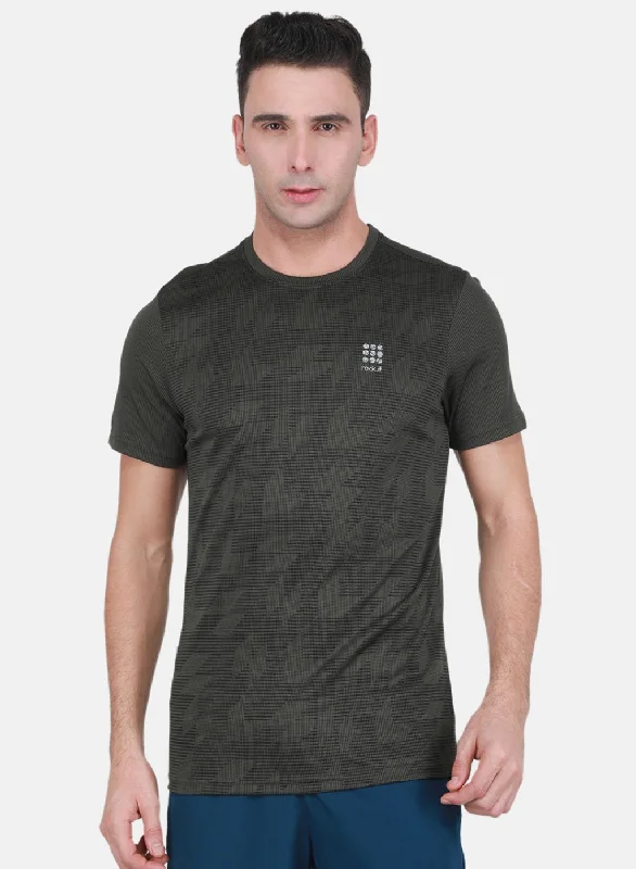 Rock-it Men Olive Self Design T-Shirt