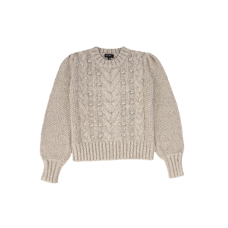 Bamboo Oatmeal Cable Knit Puff Sleeve Sweater