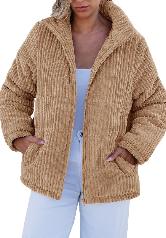 Beige Women Casual Corduroy Winter Full Front Zip Stand Neck Long Fit Moderate Jackets