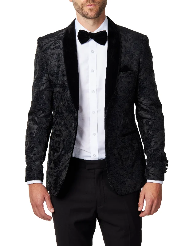 GLEN - Black Floral Foliage Velvet Jacquard Dinner Jacket