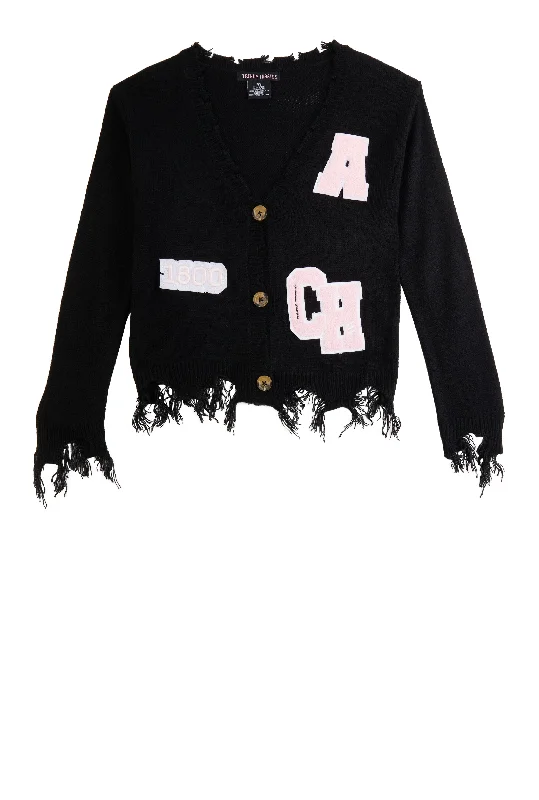 Girls Distressed Chenille Graphic Patch Cardigan