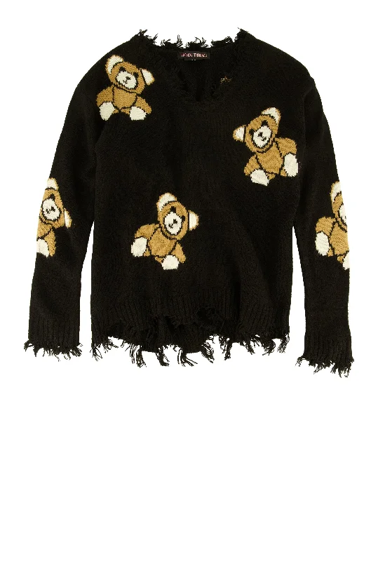 Girls Teddy Bear Distressed Knit Sweater