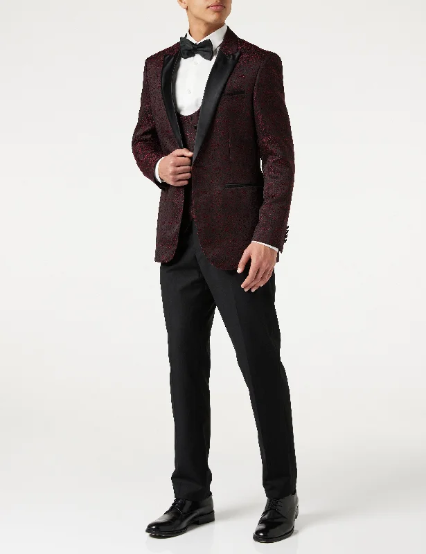 BRIAN - Floral Jacquard Print Red Tuxedo Jacket With Waistcoat