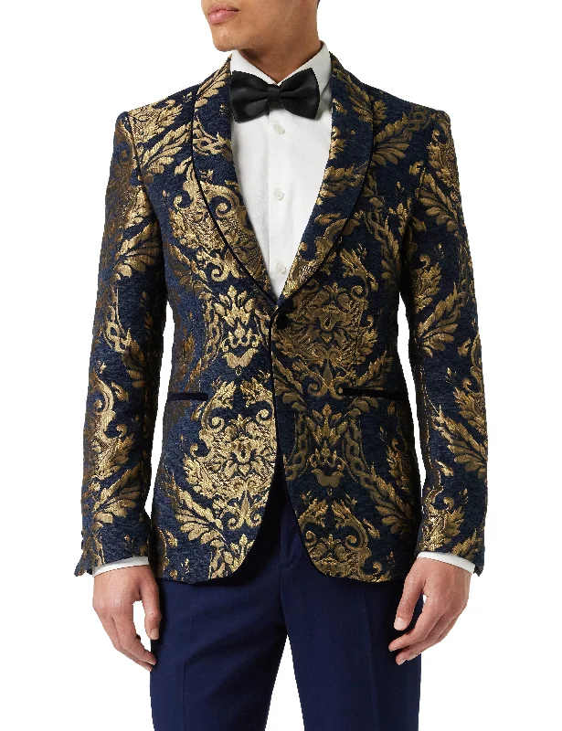 GLEN - Gold Brocade on Flocked Navy Velvet Jacquard Blazer