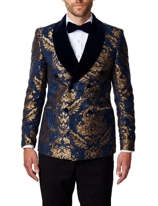 GLEN - Gold Brocade on Navy Jacquard Double Breasted Jacket