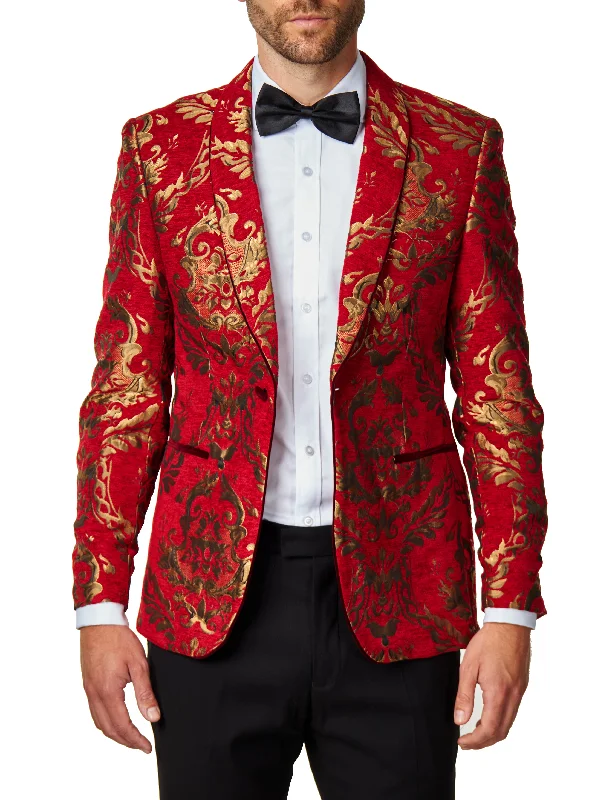 GLEN - Gold Brocade Paisley Print on Crimson Red Jacquard Tux Jacket