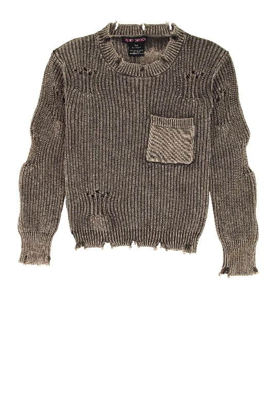 Girls Acid Wash Distressed Pocket Sweater