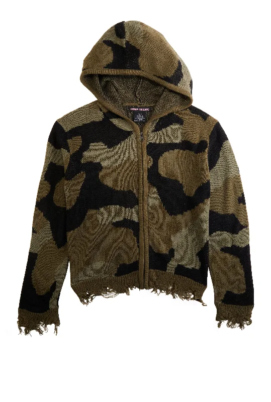 Girls Camo Distressed Zip Hooded Sweater