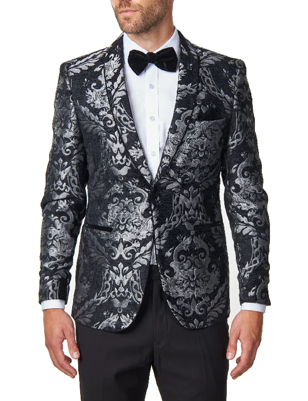 GLEN - Grey Floral Foliage on Black Jacquard Tuxedo Jacket