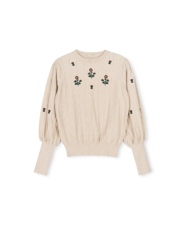 Mallory and Merlot Oatmeal Embroidered Flower Sweater