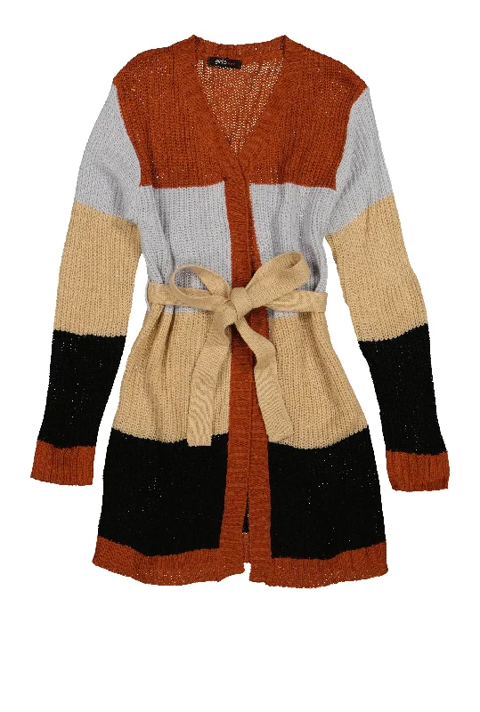 Girls Tie Waist Belted Long Cardigan