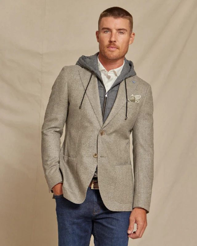 The Kane - Loro Piana Hoodie Button Out Soft Jacket - Taupe Grey Herringbone