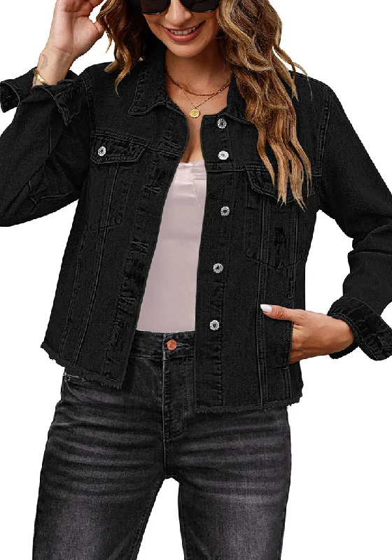 True Black Acid Washed Women's Denim Frayed Hem Button Up Distressed Jackets